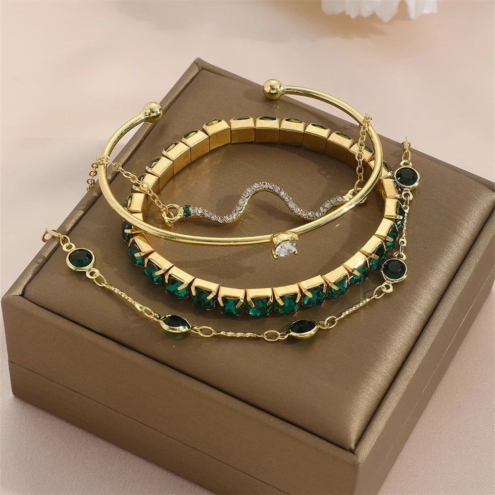 4Pcs/Set Fashion Snake Green Gemstone Bangle Rhinestone Full Metal Bracelet For Women Birthday Party Christmas Gift Jewerly Viralgem Store