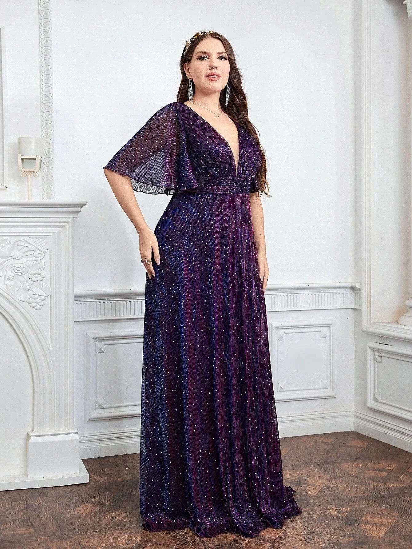 Wedding Bridesmaid Dresses For Plus Size Female Fashion Butterfly Sleeve Glitter Party Dresses New Large Size Women Summer Dress