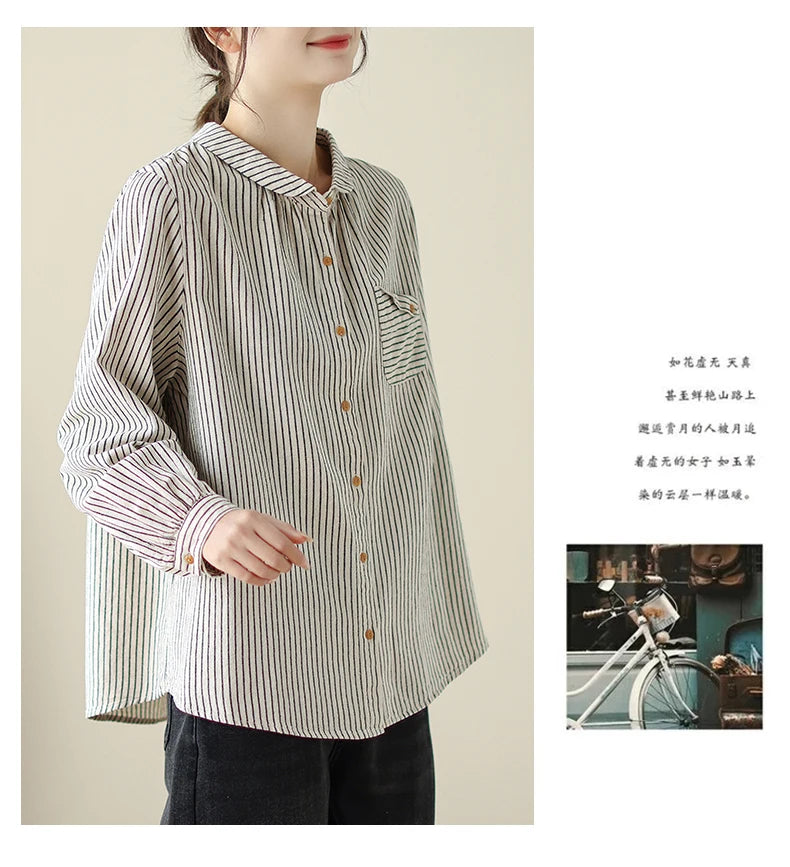 Women Long Sleeve Casual Shirt New Arrival 2024 Spring Korean Style Vintage Striped Loose Female Basics Cotton Tops Shirts B3254