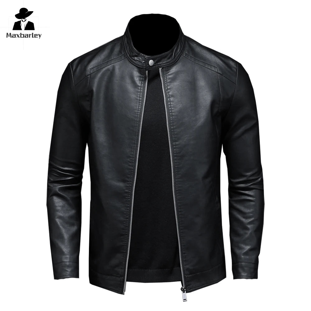 Spring Autumn Leather Jacket Men Stand Collar Slim Pu Leather Jacket Fashion Motorcycle Causal Coat Mens Moto Biker Leather Coat