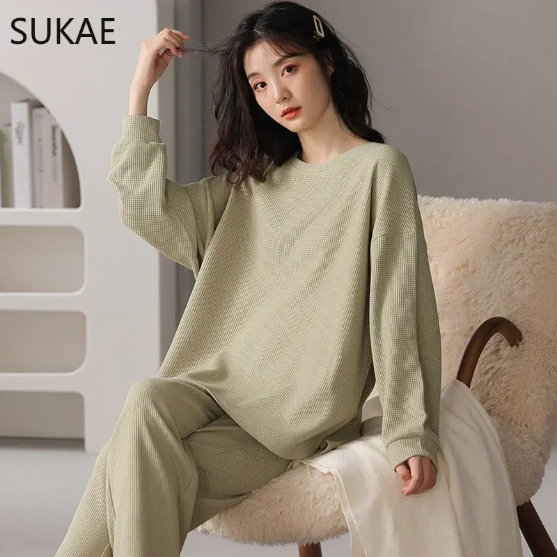 SUKAE Waffle Cotton Korean Minimalist Style Women Pajamas Spring Autumn Long Sleeves Lady Sleepwear Kawaii Round Neck Homesuits