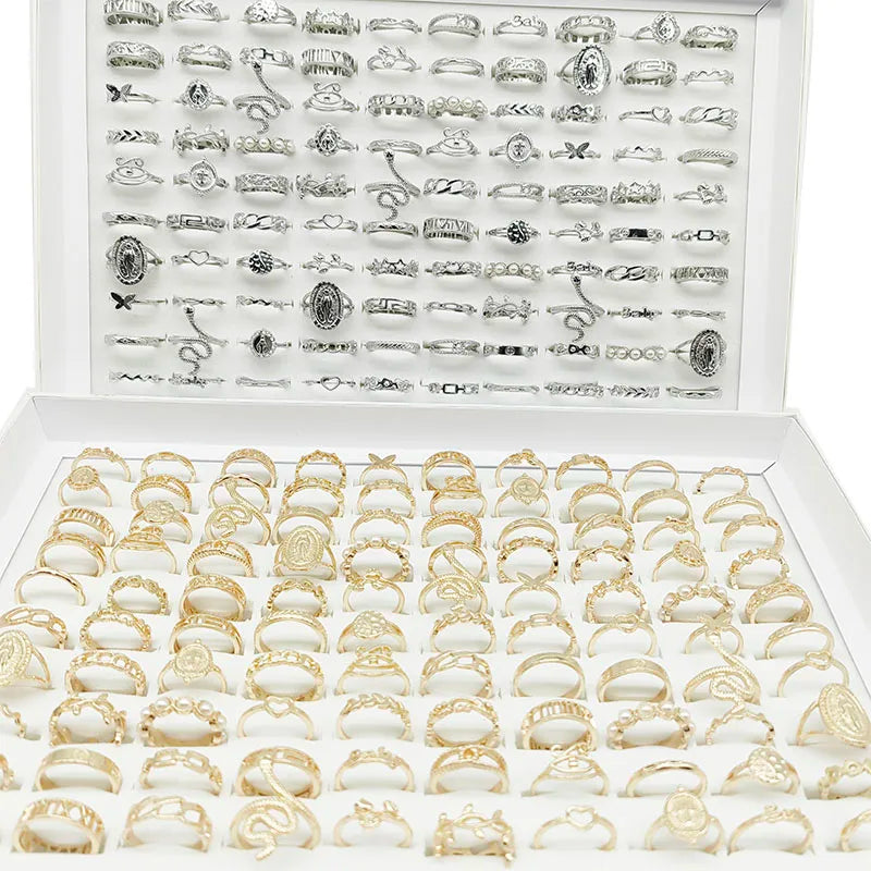 30pcs/Lot Mix Style Pearl Silver Color Finger Rings Animal Snake Chain Hollow Leaf Party Jewelry Girl Love Butterfly Flower Gift