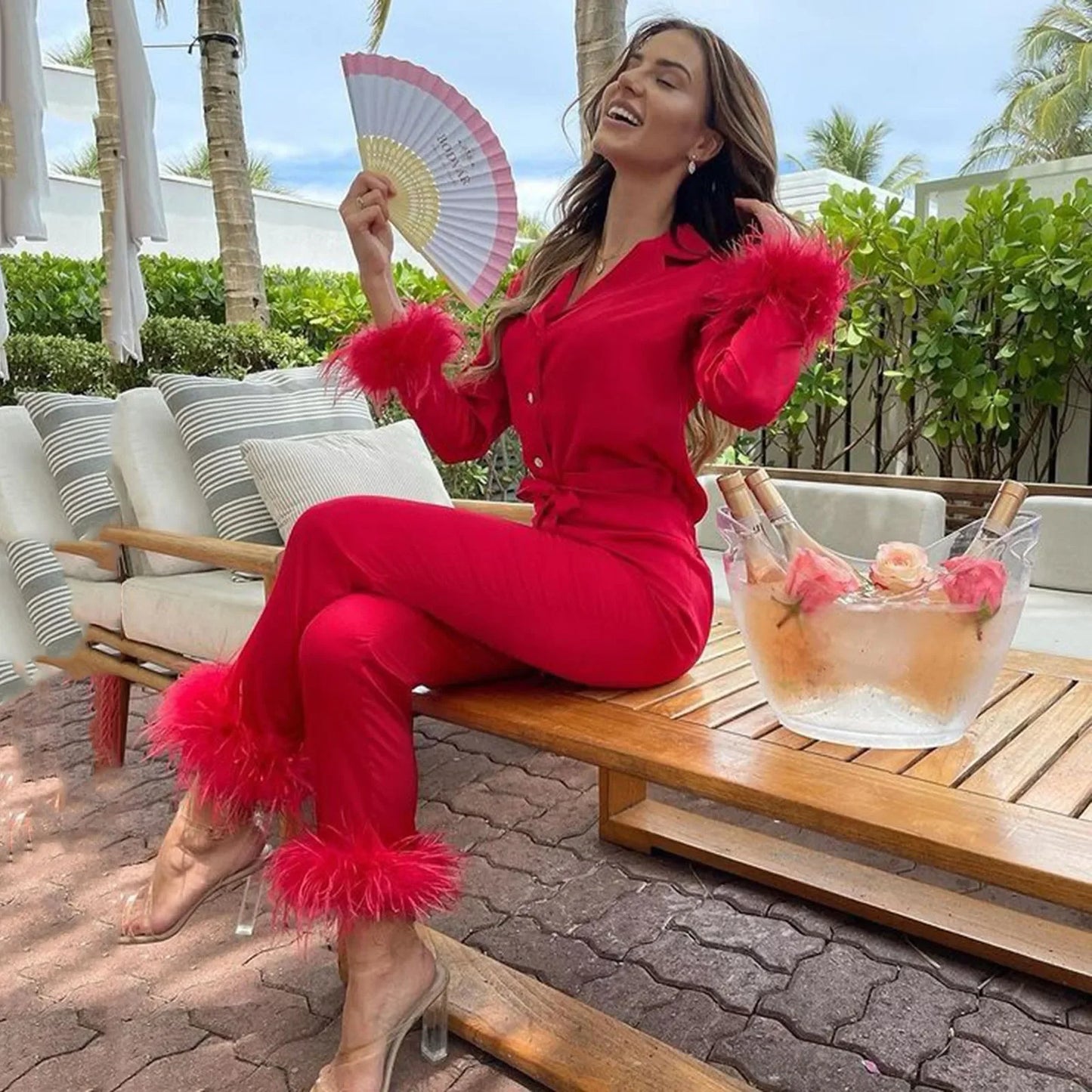 2Pcs Women Pajamas Set Spring Summer Casual Lapel Tops + Feather Pants Suits Sexy Lingerie Nightwear Silk Satin Pyjamas Homewear