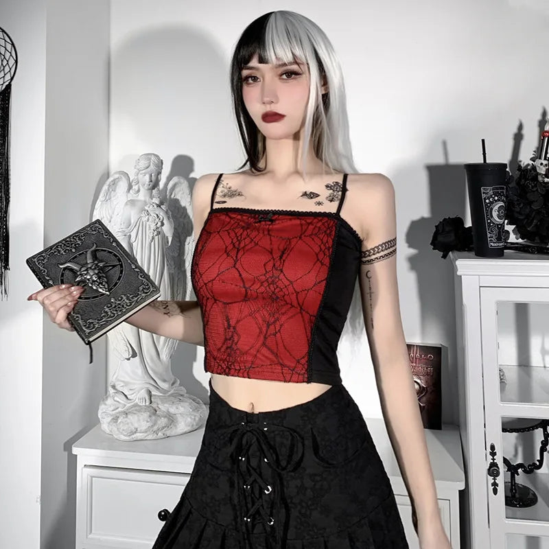 2024 Vintage Gothic Cami Tops Women Mesh Spider Net Lace Tank Vest Female Summer Sexy Club Crop Tops Harajuku 2000s clothes
