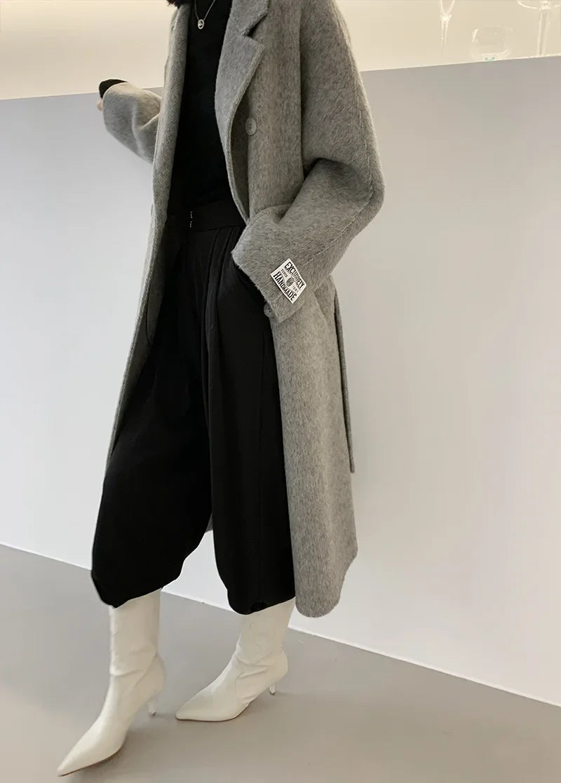 2024 Autumn Winter Wool Coat Women Double-breasted Solid Color Women's Double-sided Woolen Belt Coats Loose Warm Wool Jacket