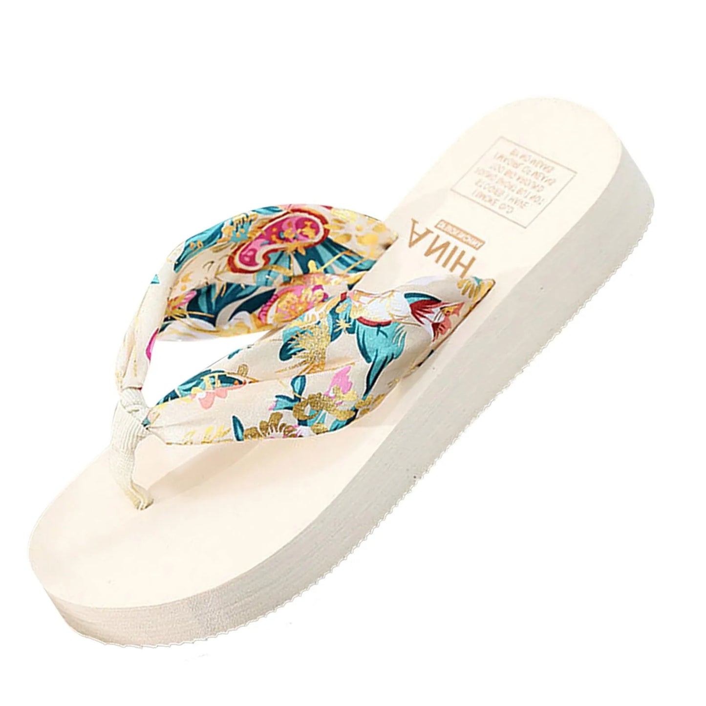 2022 Summer Floral Printing Slippers Women Bohemian Satin Strap Platform Wedge Flip Flops Outdoor Thick Bottom Beach Shoes