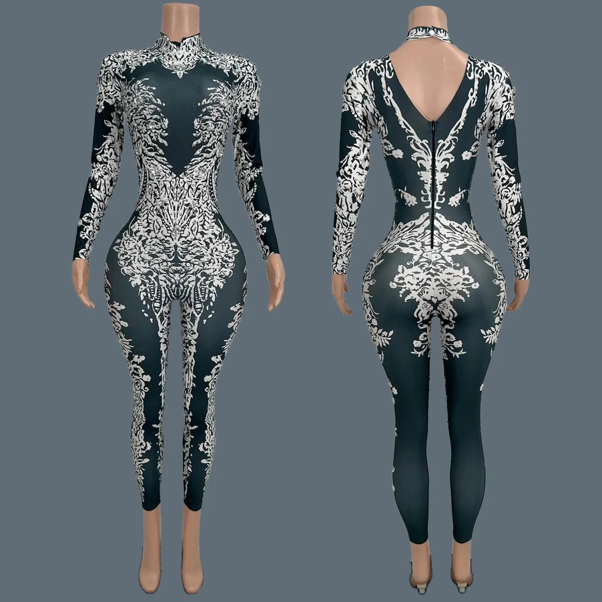 Sparkly Rhinestone Print Spandex Elastic Bodycon Jumpsuit Nightclub Party Stage Club Show Costume  Dance Skinny Wear Xiaotaohong Viralgem Store