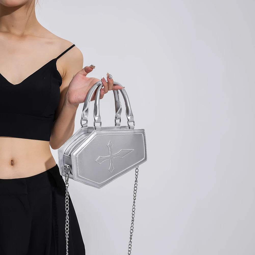 Women Crossbody Bag Large Capacity Coffin Shape Phone Shoulder Bag Halloween PU Top Handle Bag for Travel Make Up Cosmetic Bag