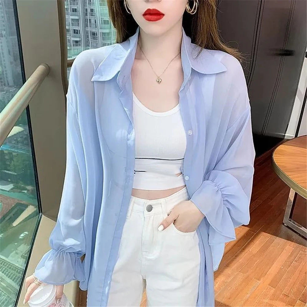 2023 Summer New Thin Women's Sun Protection Jacket Loose Long Sleeves Medium Long Chiffon Shirt Fashion Style Purple Female Tops