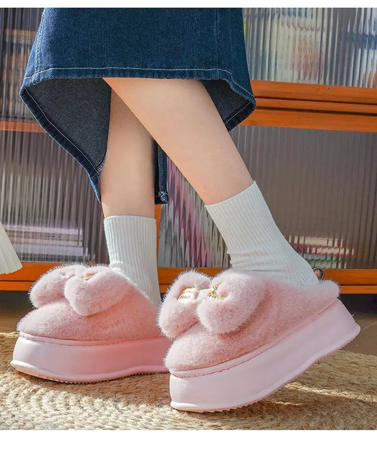8 cm High platform fur slippers women's winter fluffy ear home shoes woman white bunny rabbit slippers woman house clog shoes