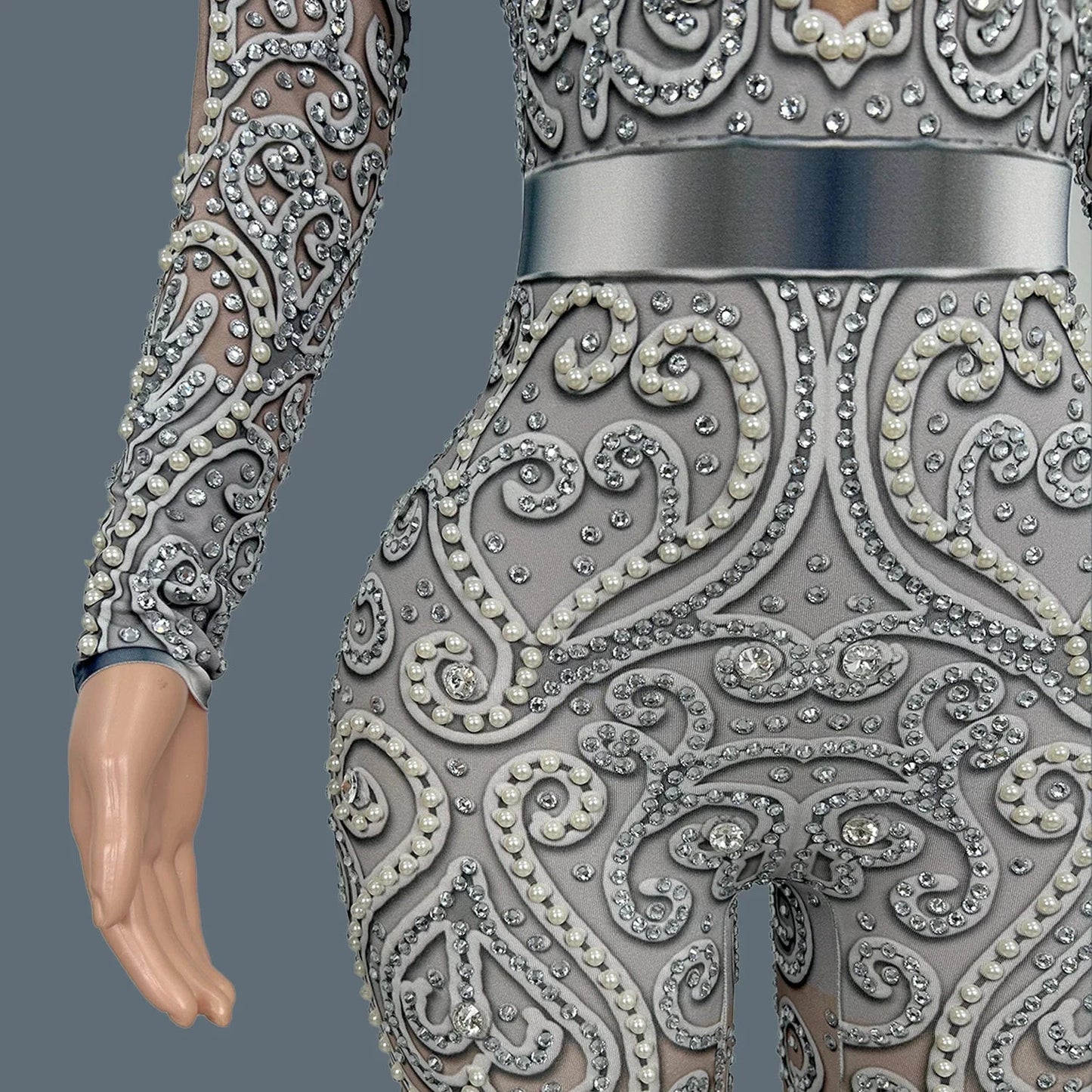 Women Sparkly Rhinestone Pearls Spandex Jumpsuit Nightclub Party Stage Performance Bodycon Wear Sexy Printing Jumpsuit Quanquan Viralgem Store