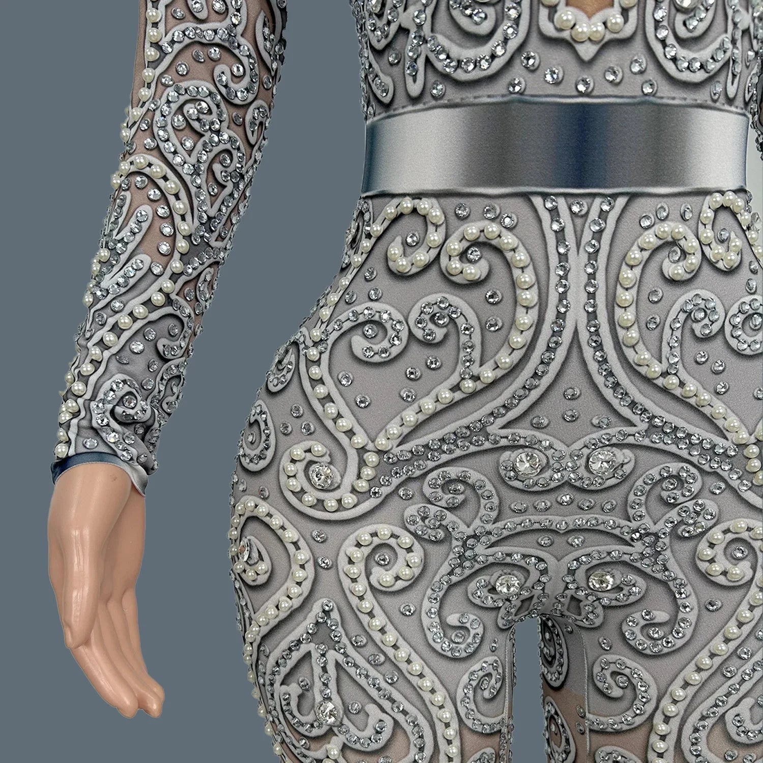 Women Sparkly Rhinestone Pearls Spandex Jumpsuit Nightclub Party Stage Performance Bodycon Wear Sexy Printing Jumpsuit Quanquan Viralgem Store