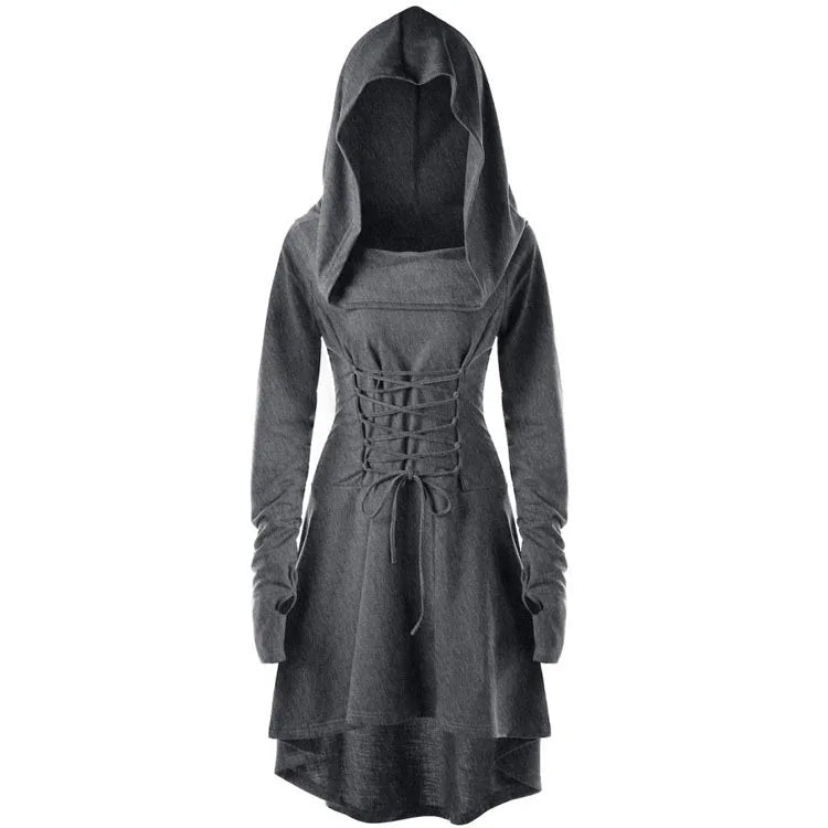 Vintage Womens Cosplay Medieval Renaissance Archer Costumes Hooded Robe Lace Up Pullover Long Hoodie Dress Cloak Halloween Party Viralgem Store