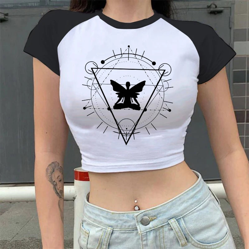 Y2k Fairy Grunge Emo Sexy Gothic Crop Top Vintage Harajuku Black Short Sleeve O-neck T Shirts Aesthetic Clothes Streetwear Tanks