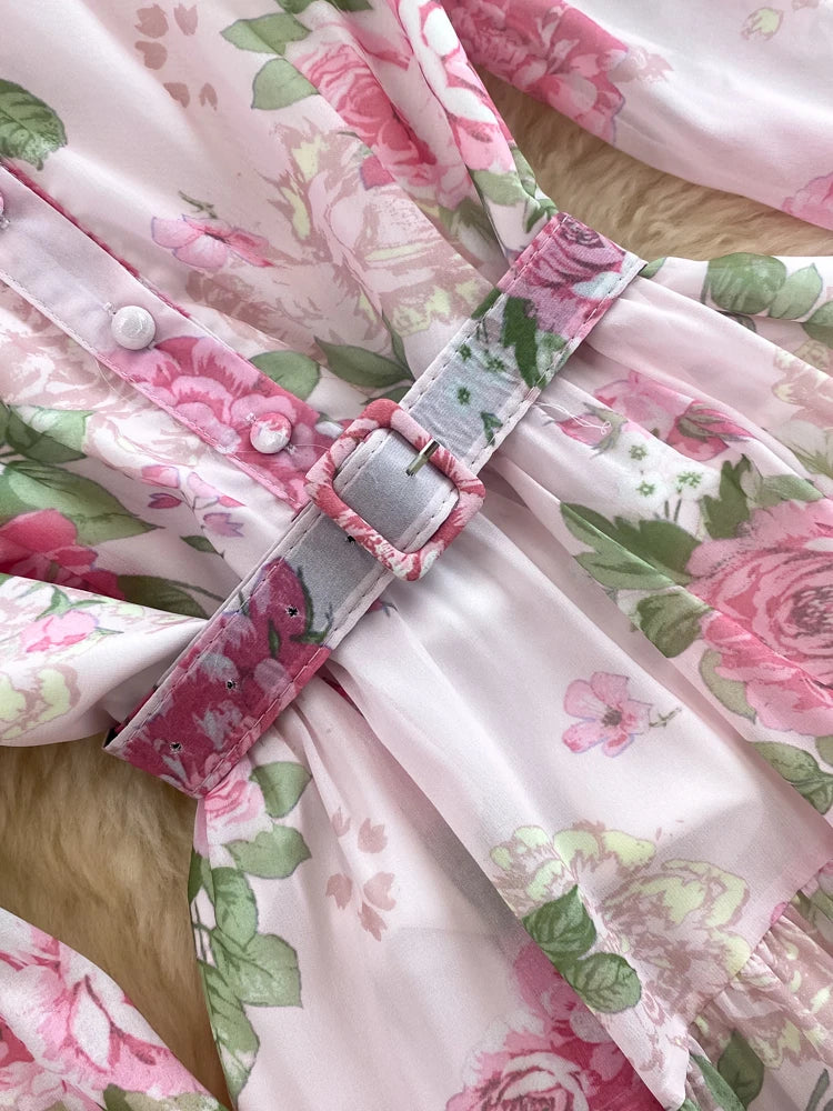 Spring Autumn Women Floral Chiffon Long Dress Vintage Purple/Pink/Black/Beige Stand Collar Single Breasted Maxi Robe Elegant New Viralgem Store