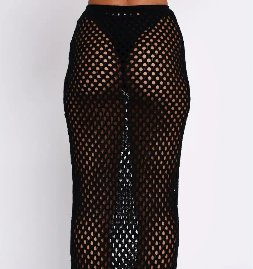 Yiiciovy Women's Sexy Holiday Bikini Cover-Ups Beach Hollow Out Fishnet Tassels Skirts Sexy Lady See Through Beach Long Skirts