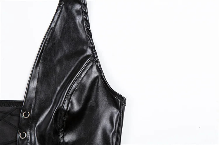 Y2K Crop Top Women Summer Black Leather Banadage Hollow Punk Style Tank Tops Vest Fashion Backless Club Party Wear Viralgem Store