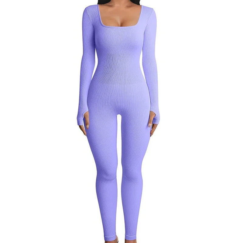 Women Elegant Skinny Jumpsuits Fall Winter Solid Ribbed Knit Long Sleeve Jumpsuit Y2k Square Neck Bodycon Sport Playsuits Female Viralgem Store