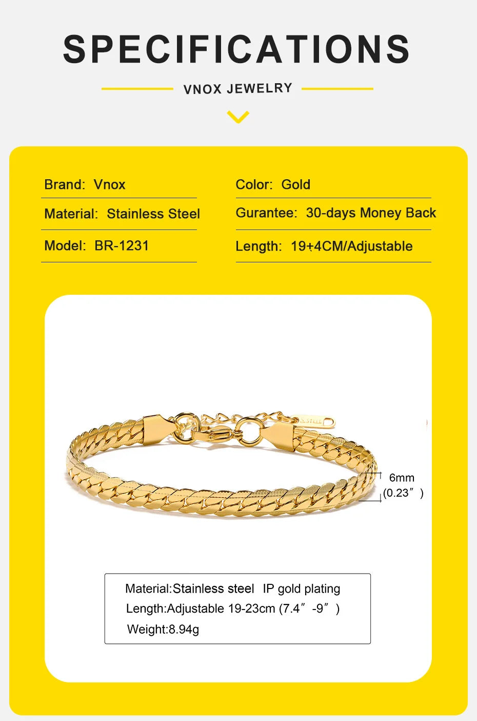 Vnox 6mm Stainless Steel Flat Cuban Chain Bracelets for Men, Adjustable Miami Curb Links Bracelet, Casual Punk Wrist Jewelry