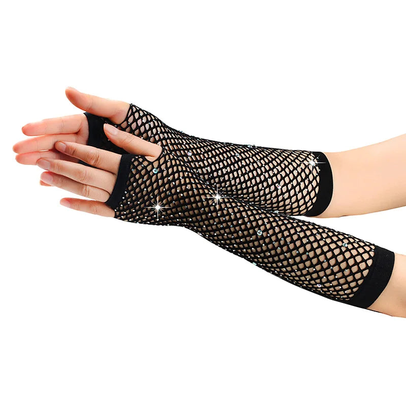1pair Neon Fishnet Fingerless Long Gloves Rhinestone Arm Cuff Party Wear Fancy Dress For Womens Sexy Punk Goth Dance Mesh Gloves