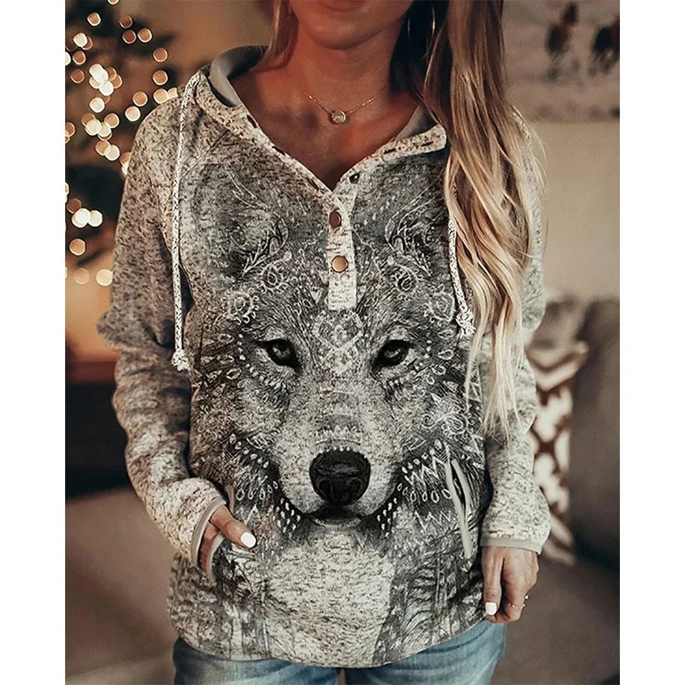 Wolf Hoodie Women Autumn Fashion Oversized Hoodies Vintage Sweats Girls Coat Women Sweatshirt Coat Hooded Pullover Owl Tracksuit