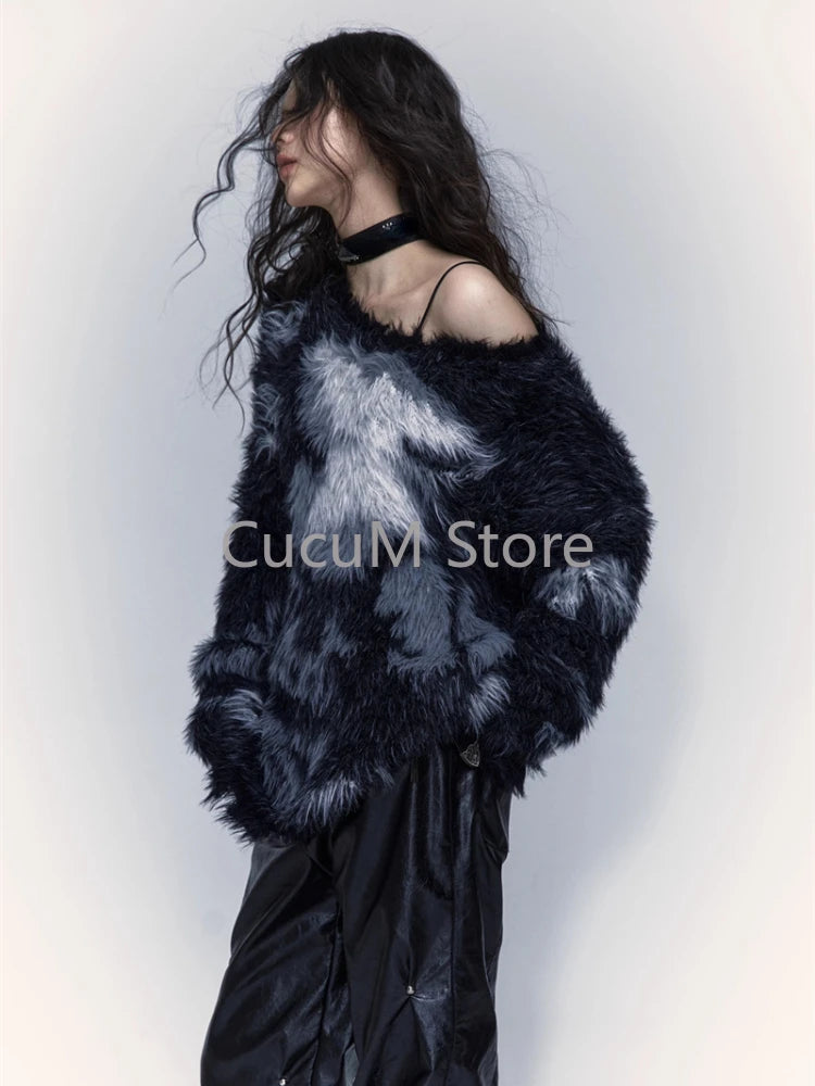 Women Black Gothic Mohair Pullover Knitted Sweater Harajuku Y2k Long Sleeves Sweater Jumper Vintage 2000s Aesthetic Clothes 2024