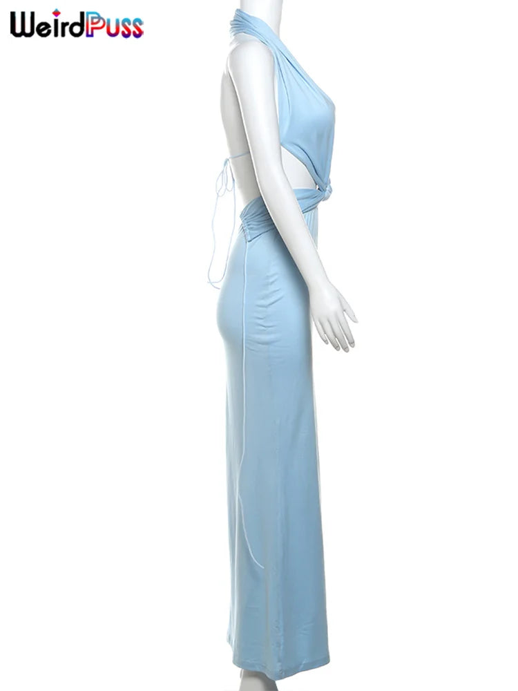 Weird Puss Knot Halter Dress Woman Summer Sexy Solid Backless Straps Ruffles Deep V-Neck Bodyshape Party Elegant Skinny Vestidos Viralgem Store