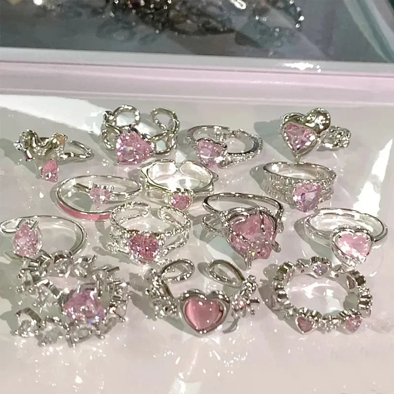 Adjustable Crystal Rings Y2K Pink Irregular Geometry Vintage Bowknot Heart Ring Set for Women Girl 2023 New Fashion Jewelry Gift Viralgem Store