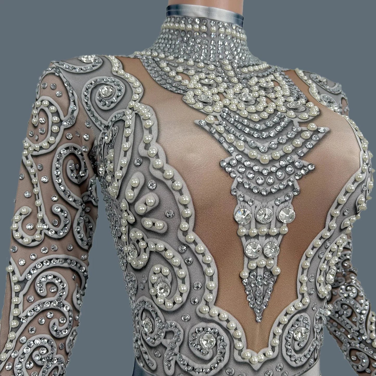 Women Sparkly Rhinestone Pearls Spandex Jumpsuit Nightclub Party Stage Performance Bodycon Wear Sexy Printing Jumpsuit Quanquan Viralgem Store