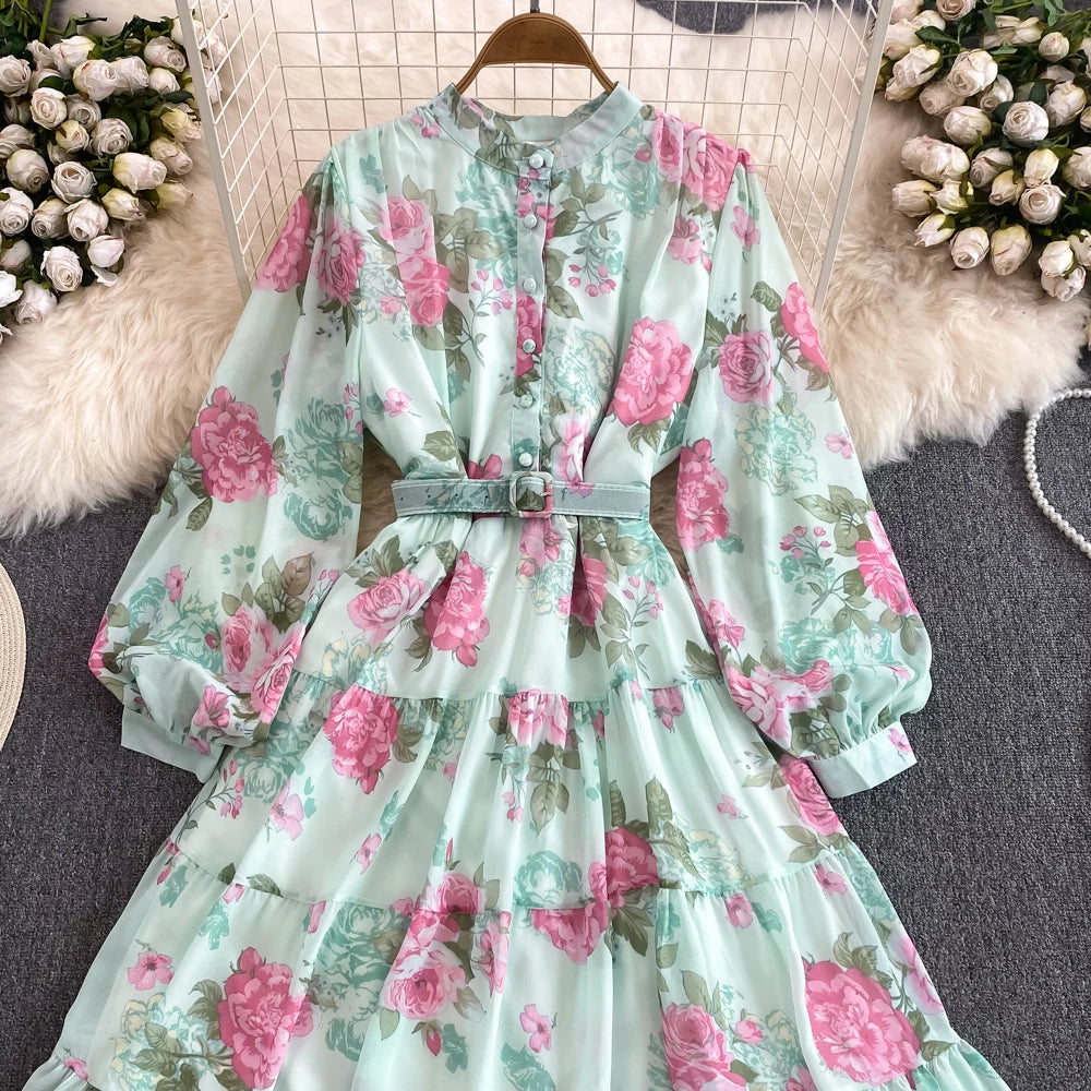 Spring Autumn Women Floral Chiffon Long Dress Vintage Purple/Pink/Black/Beige Stand Collar Single Breasted Maxi Robe Elegant New Viralgem Store