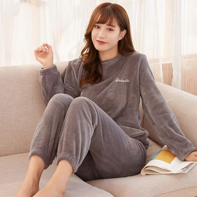 2024 Winter Pyjamas Warm Flannel Women Thick Leisure Wear Simplicit Coral Velvet Long Sleeve Solid Sleepwear Pajamas Set Viralgem Store