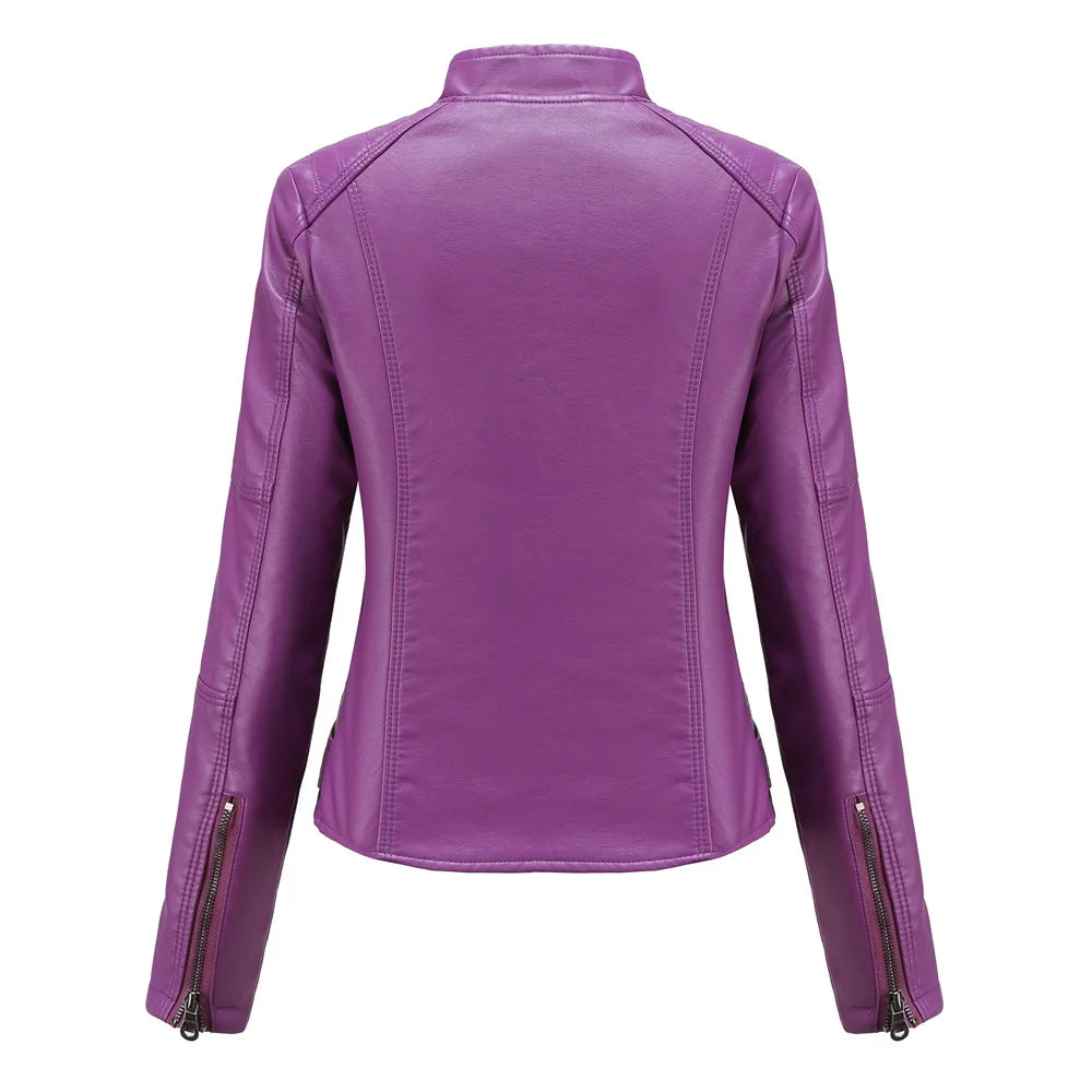 Women Moto Biker Zipper Jacket 2024 Faux Leather Jacket Women Spring Autumn Coat Black Brown Red Purple Navy Coffee Black XS 4XL Viralgem Store