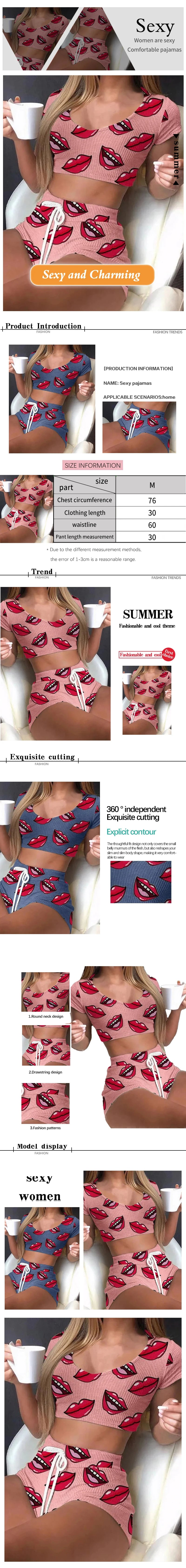 Two Piece Set of New Women's Fashionable Red Lip Pattern Pajama Home Set, Women's Slim Fit V-Neck Sexy High Waist Pajama Set