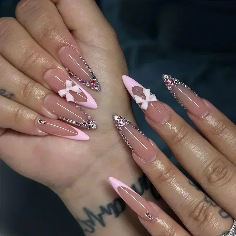 24Pc Long Stiletto Press on Nails Cherry Pink French False Nails with 3D Bow Pearls Design Detachable Acrylic Fake Nail Art Tips Viralgem Store