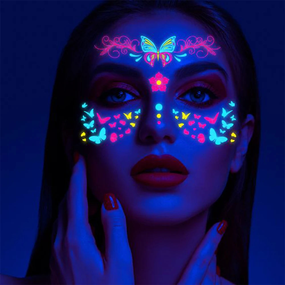 1Pcs Halloween Fluorescent Face Stickers 12-Styles Feather/Flowers/ButterflyDesign Tattoo Sticker Waterproof Glowing Face Decals Viralgem Store