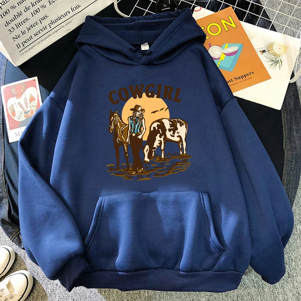 The Cowgirl And Her Cow And Horse Live In The West Hoody Woman Hip Hop Street Hoodies Crewneck Pocket Clothes Loose Pullover