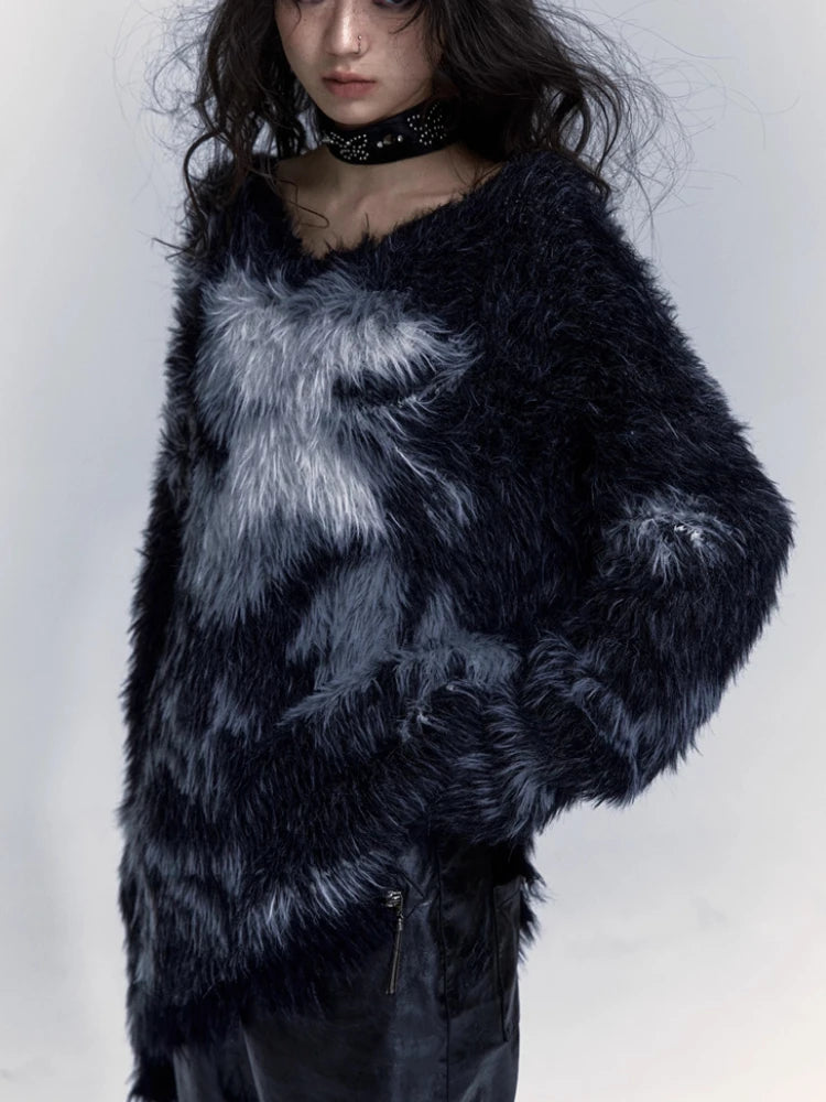 Women Black Gothic Mohair Pullover Knitted Sweater Harajuku Y2k Long Sleeves Sweater Jumper Vintage 2000s Aesthetic Clothes 2024