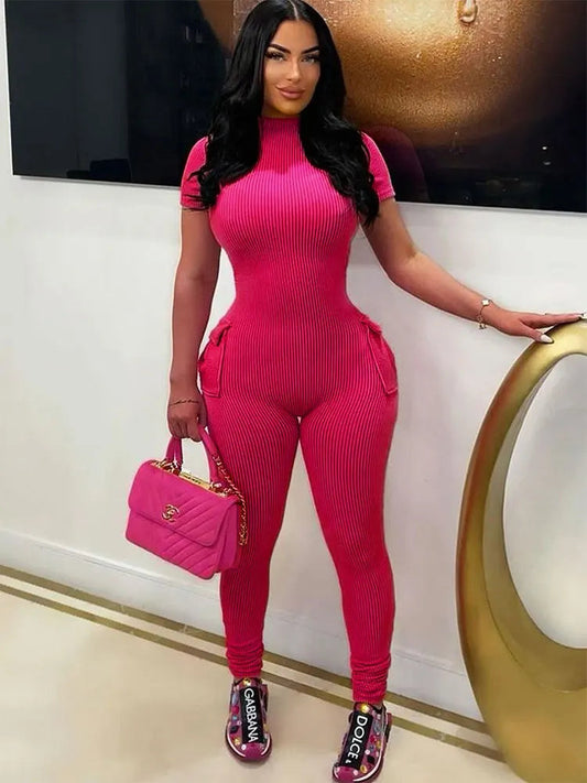 Spring New Women's Jumpsuits Sexy Sweet Pink Hollow Out Jumpsuit Streetwear Fashion Pockets Short Sleeve Female Elegant Rompers Viralgem Store