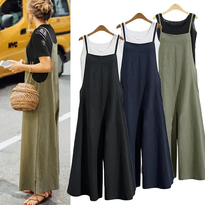 Women Straps Jumpsuit Summer Solid Color Wide Leg Pants Dungaree Bib Overalls Casual Loose Sleeveless Cotton Linen Jumpsuits 5Xl Viralgem Store