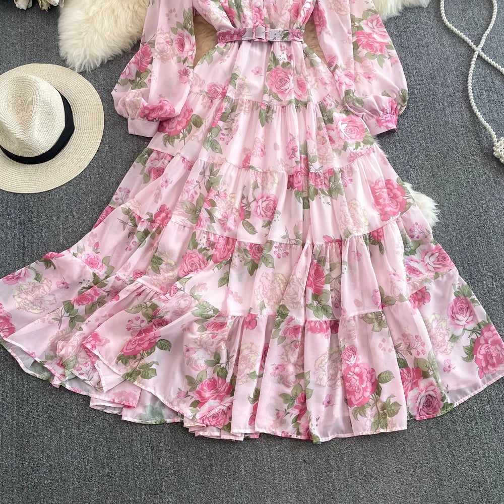 Spring Autumn Women Floral Chiffon Long Dress Vintage Purple/Pink/Black/Beige Stand Collar Single Breasted Maxi Robe Elegant New Viralgem Store