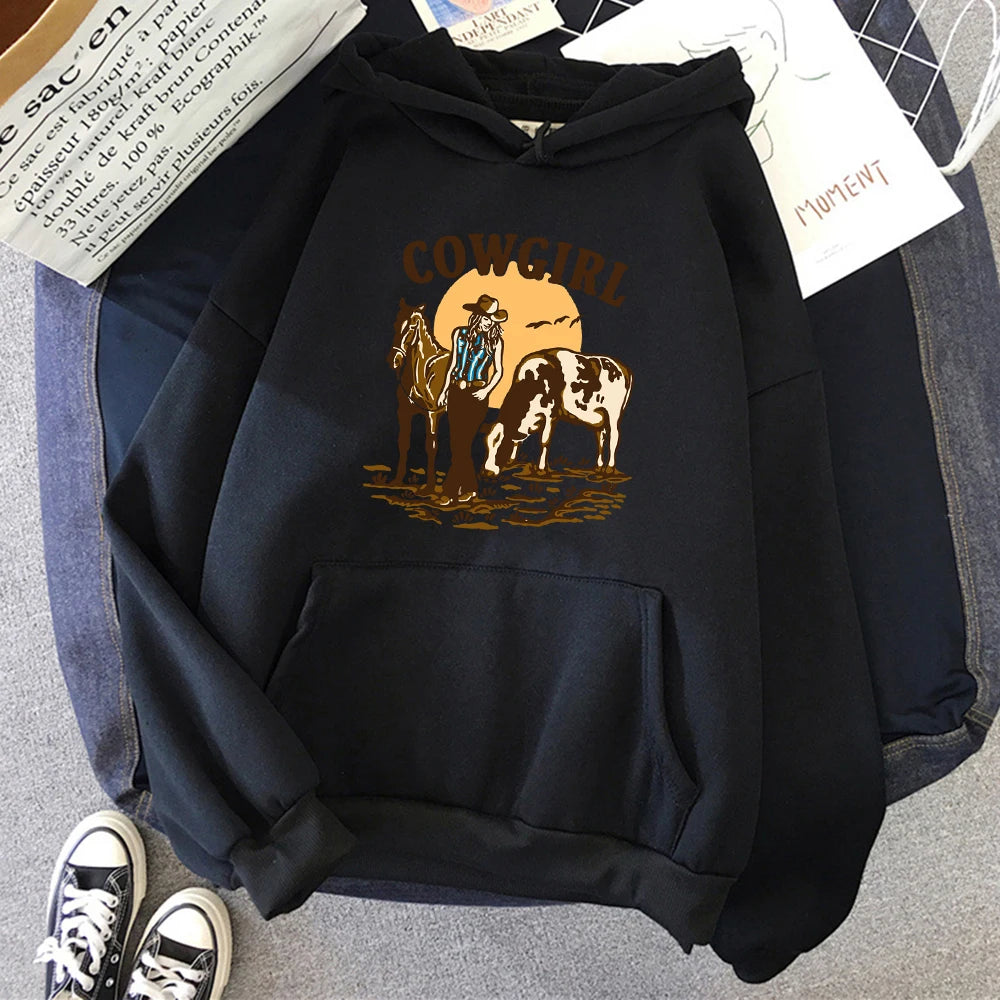 The Cowgirl And Her Cow And Horse Live In The West Hoody Woman Hip Hop Street Hoodies Crewneck Pocket Clothes Loose Pullover