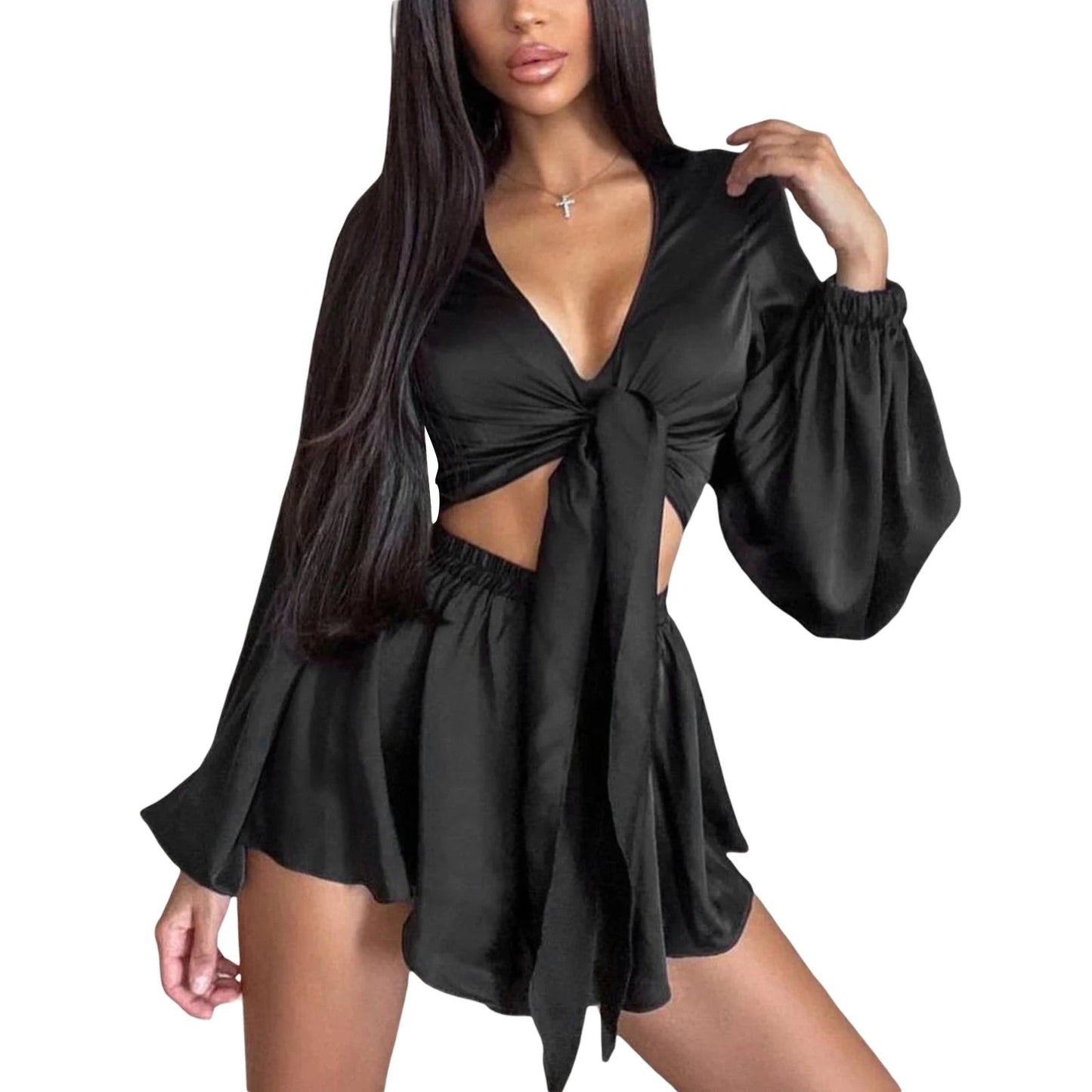 Women s Two Piece Outfits Low Cut Tie Front Pajamas Set Summer Long Sleeve Shorts Loungewear Set Viralgem Store