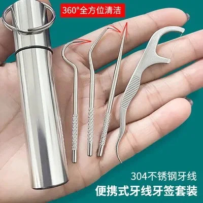 1Set Toothpick Set Metal Stainless Steel Oral Cleaning Tooth Flossing Portable Toothpick Floss Teeth Cleaner with Storage Tube