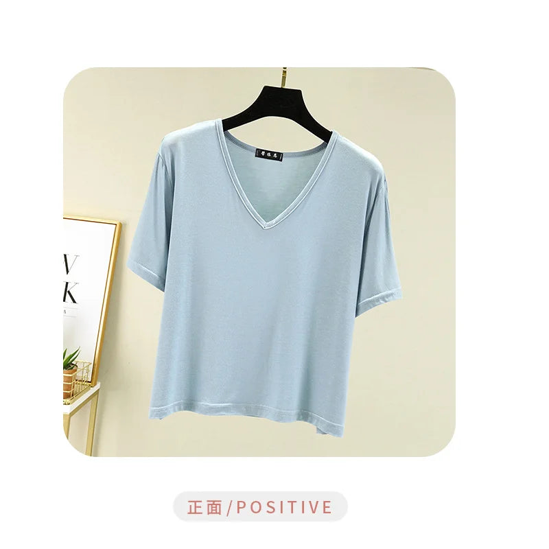 Women's T-shirt Modal V-Neck Short sleeves Tops Summer Casual T Shirts  Solid color Loose basic Bottoming Tees