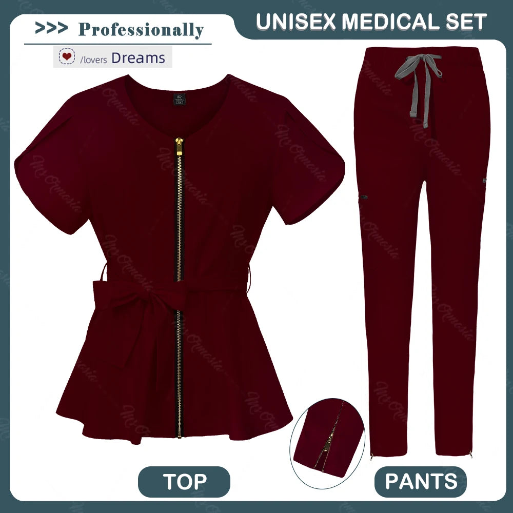 Women Scrubs set,zipper collar beauty clothes,high quality anti wrinkle medical uniforms,soft comfortable fashion nurse workwear