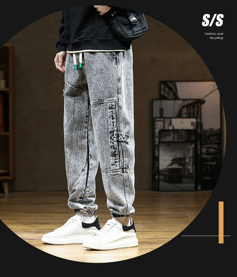 Spring Autumn Jean Men Elastic Waist Harem Hip-hop Denim Pant Male Street Fashion Big Size Loose Fit Baggy Jogger Cowboy Trouser