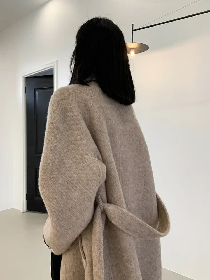 2024 Autumn Winter Wool Coat Women Double-breasted Solid Color Women's Double-sided Woolen Belt Coats Loose Warm Wool Jacket