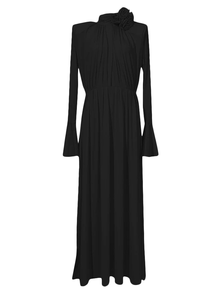 TWOTWINSTYLE Solid Appliques Folds Dresses For Women Half High Collar Flare Sleeve Tunic Long Dress Female Fashion Clothing New Viralgem Store