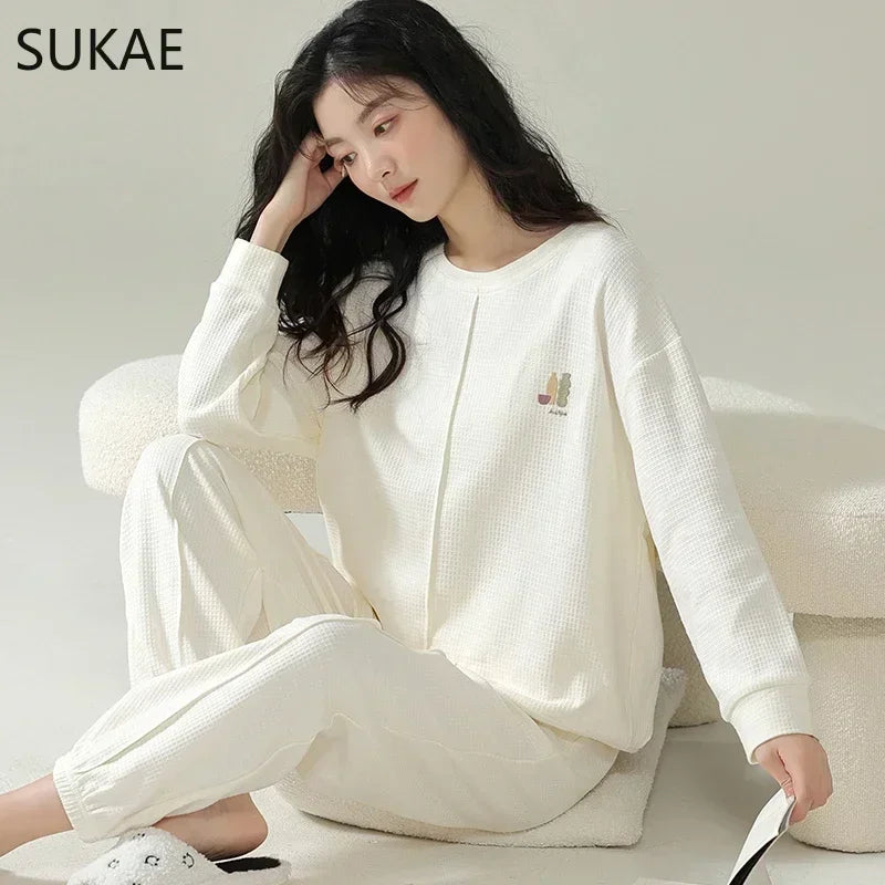 SUKAE Waffle Cotton Korean Minimalist Style Women Pajamas Spring Autumn Long Sleeves Lady Sleepwear Kawaii Round Neck Homesuits