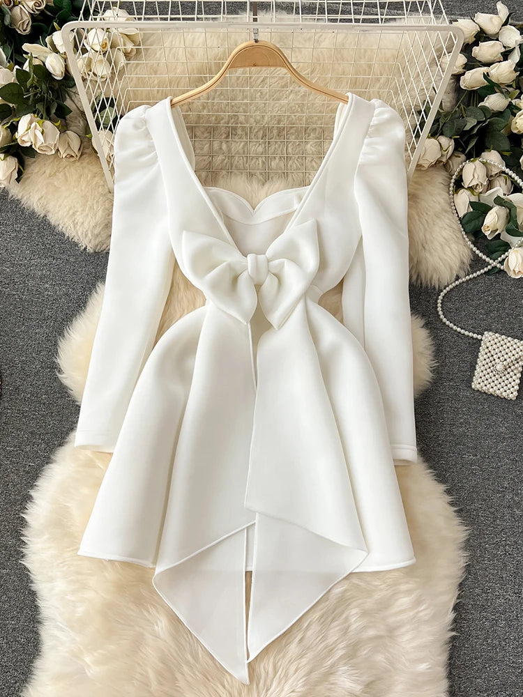 XFPV Female Dress Square Collar Solid Puff Sleeve Backless Bow High Waist Elegant Fashion Vestidos Spring Autumn2024 SM9457